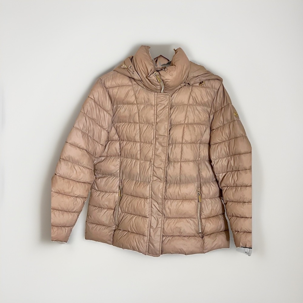 Michael Kors Womens Packable Puffer Jacket Hooded Taupe Gold Hardware 158843